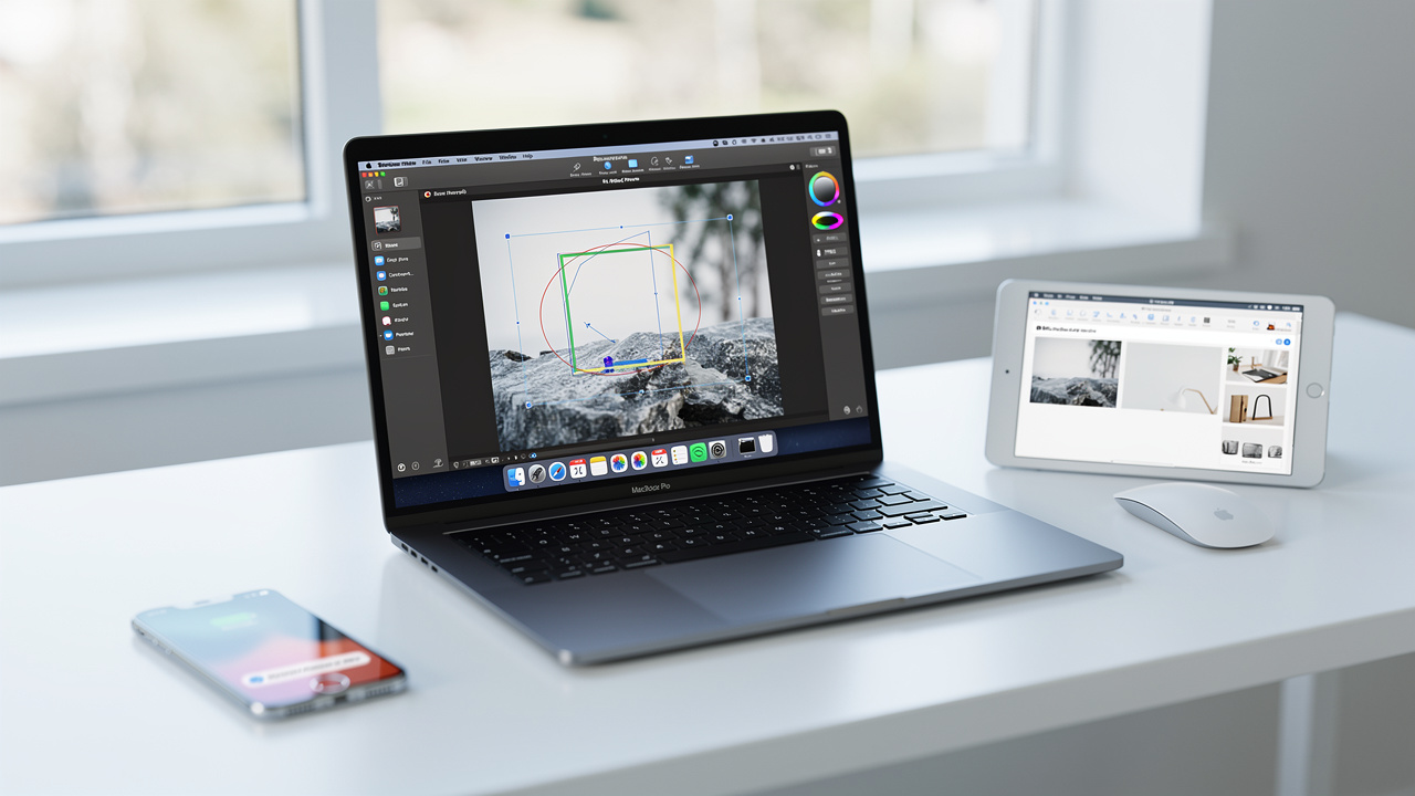 MacBook z aplikacją Podgląd obok iPhone'a i iPada