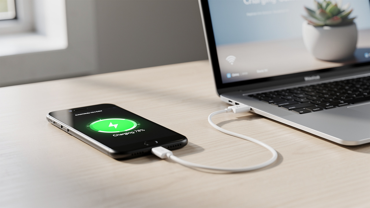 Telefon podłączony kablem USB do laptopa podczas tetheringu