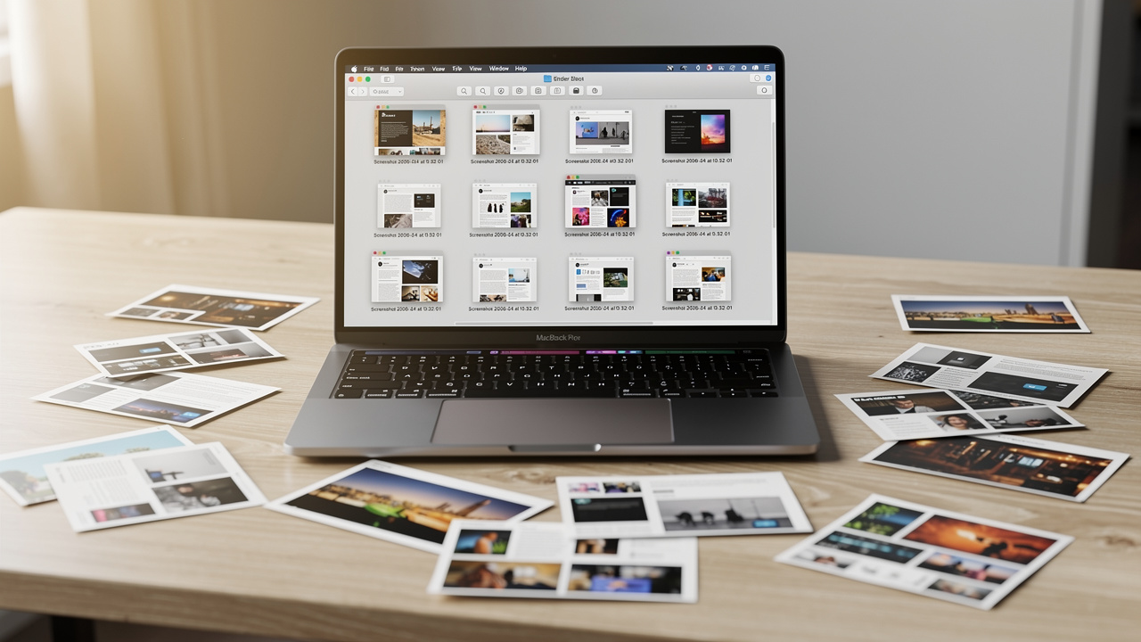 Pliki zrzutów ekranu zapisane na biurku MacBooka