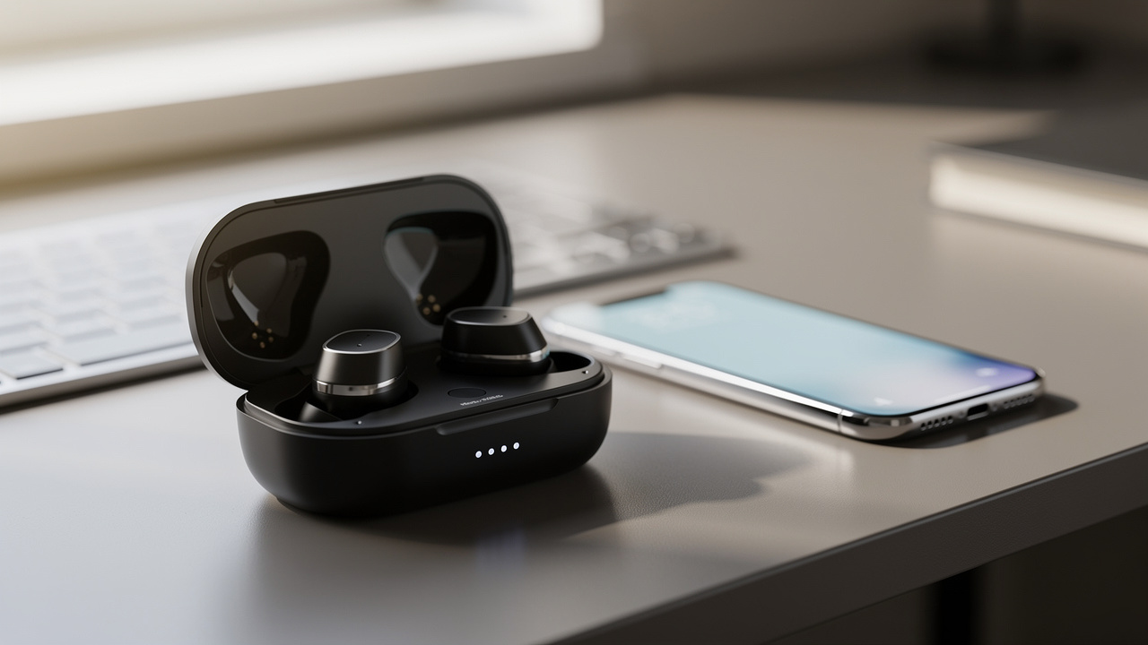 Ładowanie słuchawek bezprzewodowych w etui obok smartfona