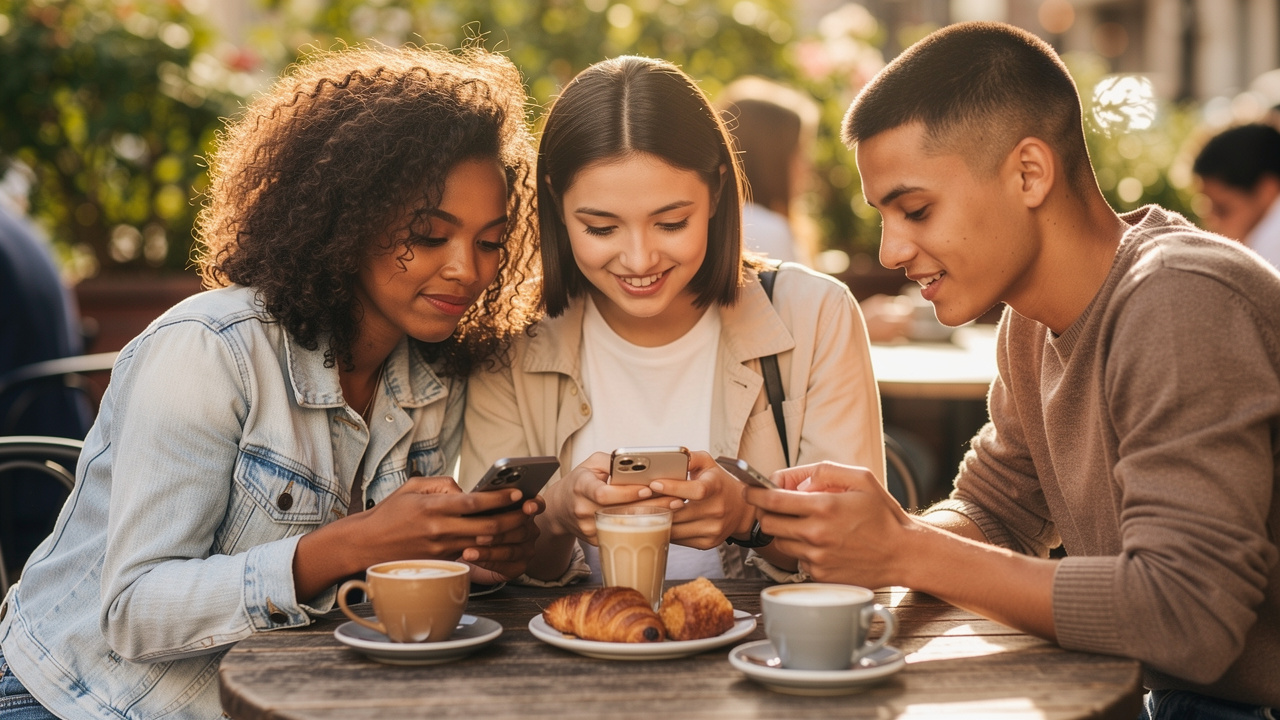 Grupa młodych ludzi przeglądających media społecznościowe