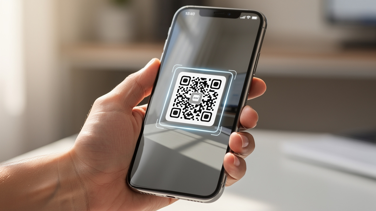 Hand holding smartphone scanning QR code for eSIM