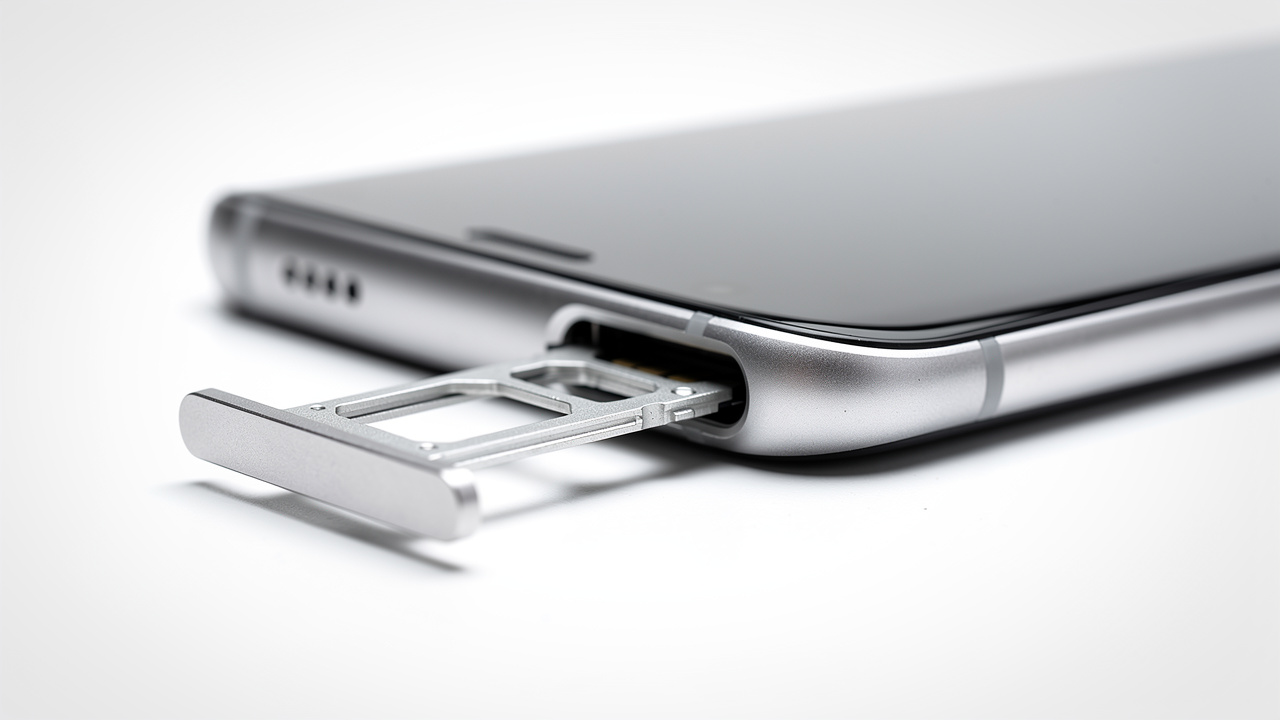 Modern smartphone with ejected SIM card tray close-up