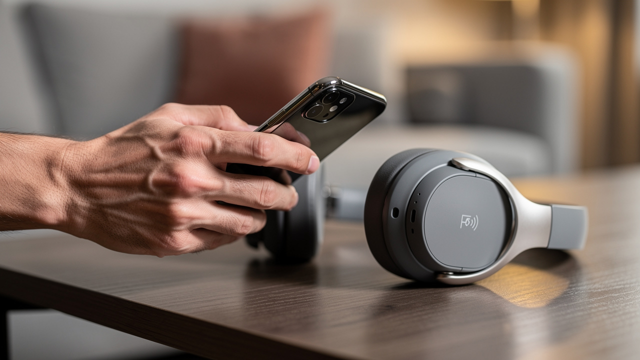 Zbliżanie telefonu do słuchawek z funkcją NFC